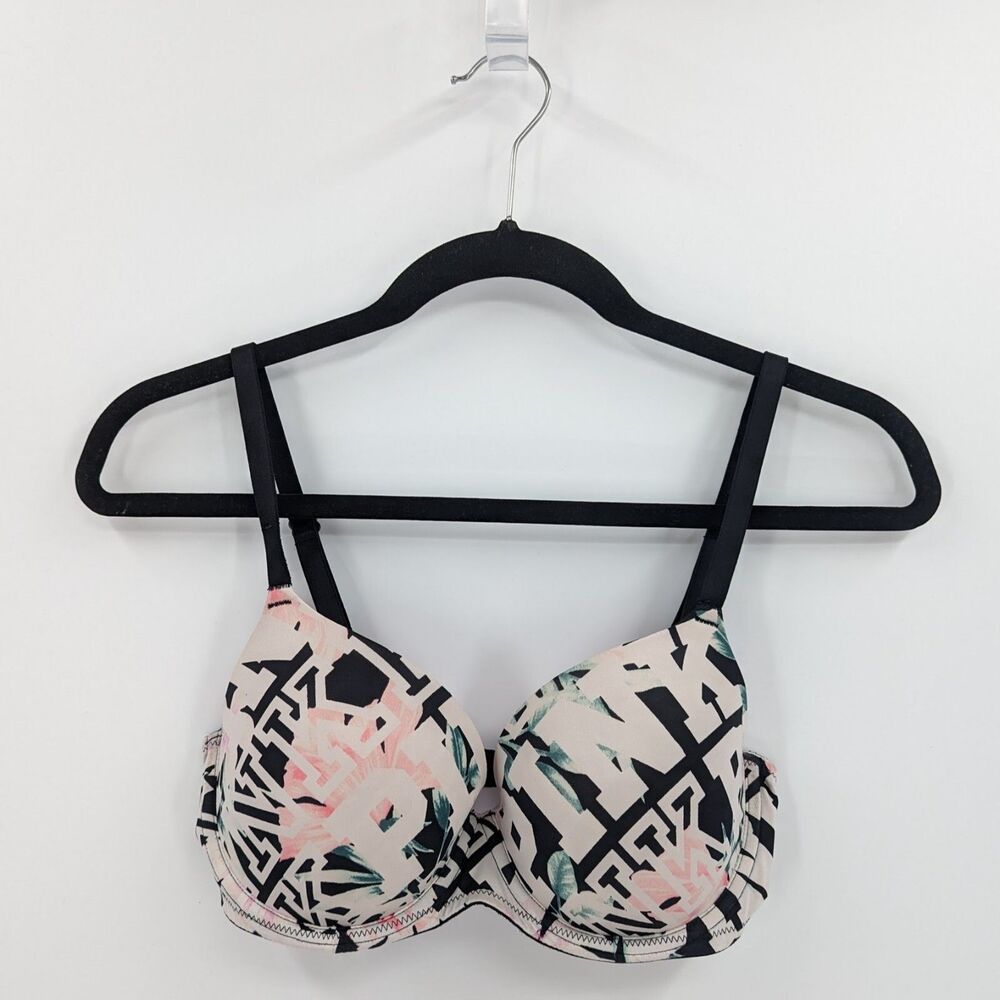 Victoria's Secret PINK Bra Women's 34D Black Floral Logo Lightly Lined
